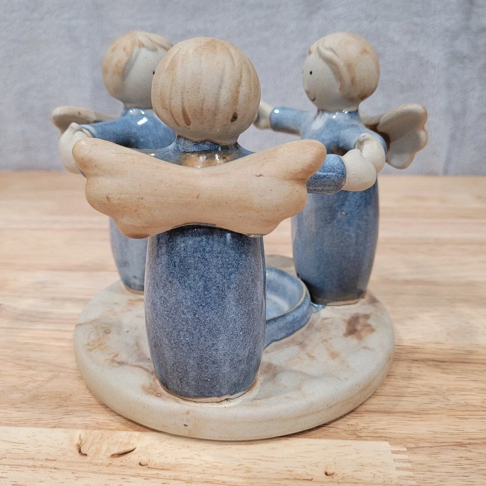 Vintage Angel Candle Holder Porcelain Figurine Blue Winged Cherub 3 Angels